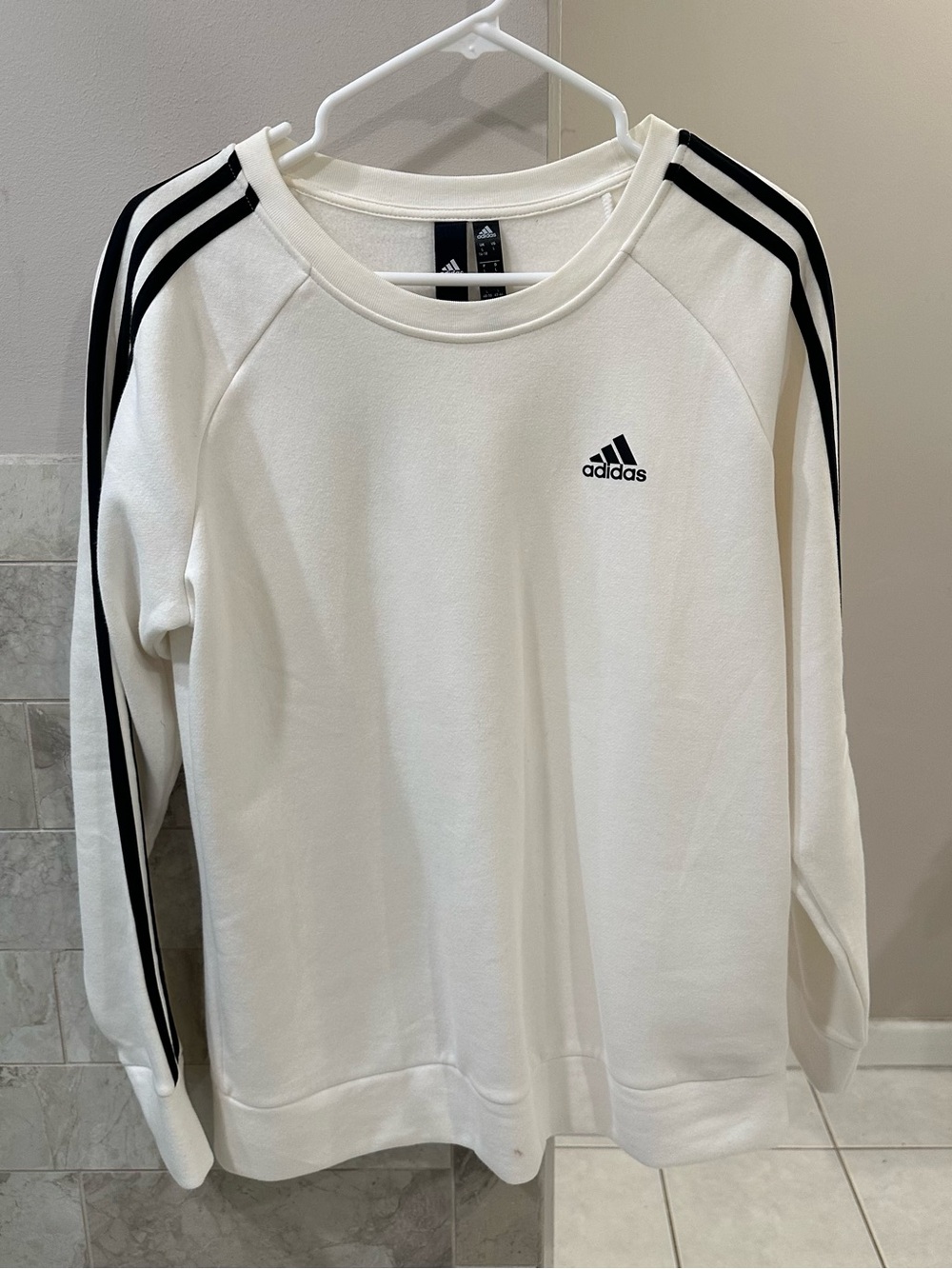 adidas Women’s White Crewneck Sweatshirt with Black Shoulder Stripes